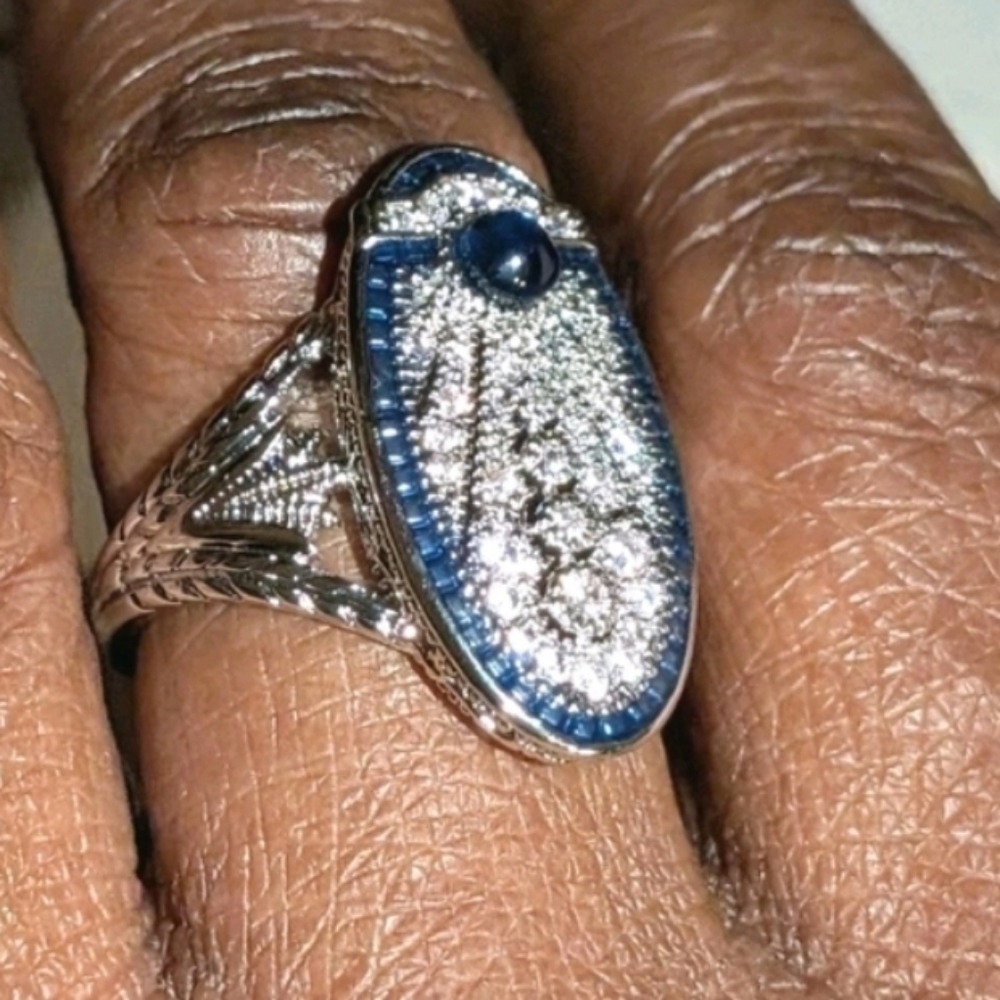 Art Deco Style Lab Created diamond Sapphire Wedding 14k White Gold Plated Sz 10 - Picture 3 of 15